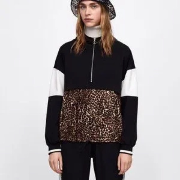 Zara Basic Black Leopard Print Color Block Lightweight Hoodie Sweatshirt XS - Picture 7 of 8